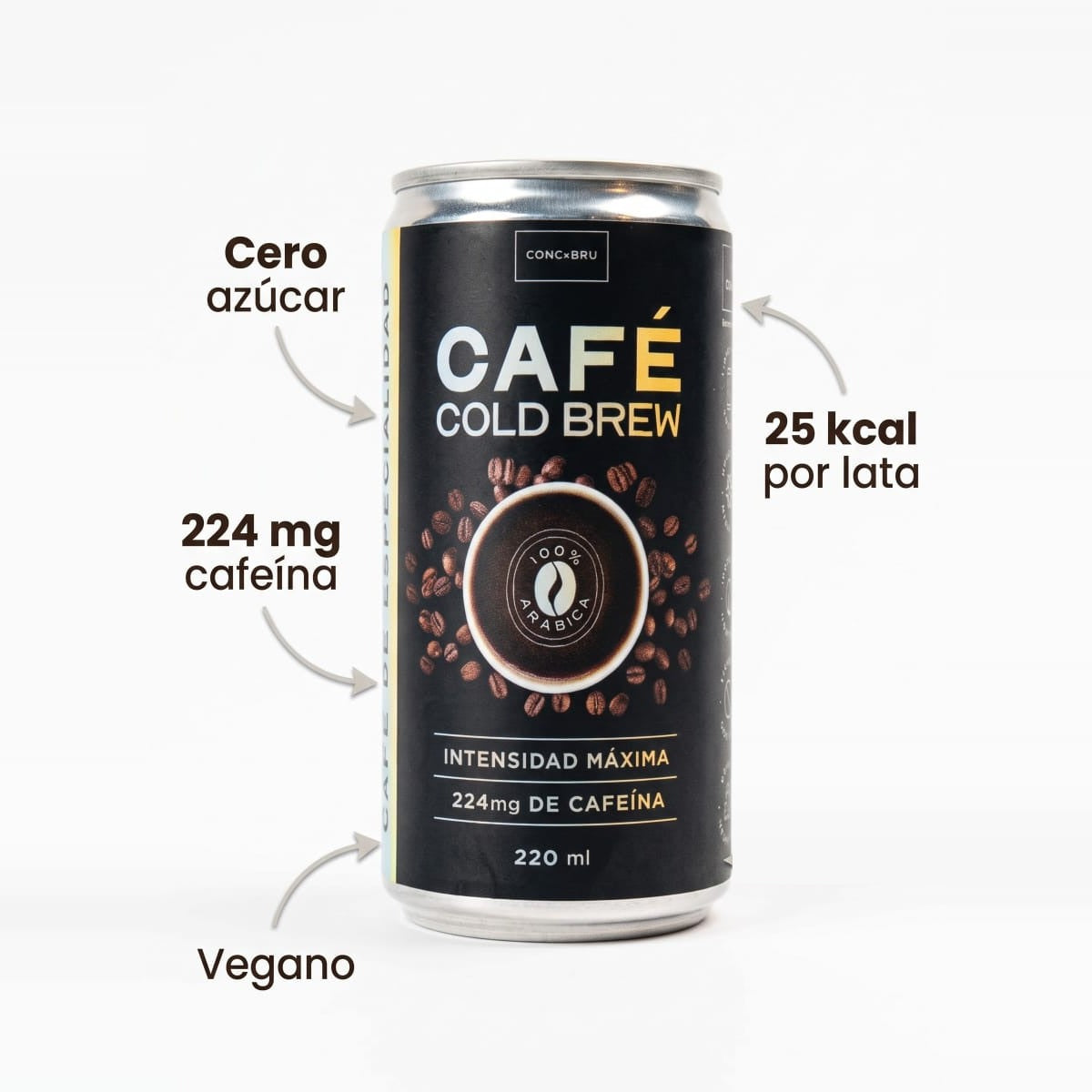 Cold Brew Conc.Bru: cero azúcar, 224 mg de cafeína, 25 kcal por lata y vegano